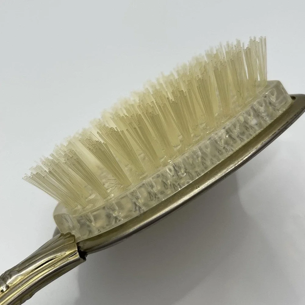 Vintage 60s Gold Tone Ornate Laced Vanity Dresser Hand Mirror Brush Set Made USA